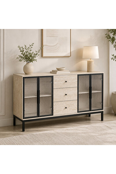 DEC4 Modern Wooden Buffet Cabinet with Ribbed Glass and Metal Base