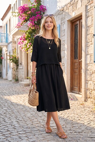 Generic Brand Black Boat Neck Short Sleeve Double Layered Mesh Detailed Linen...