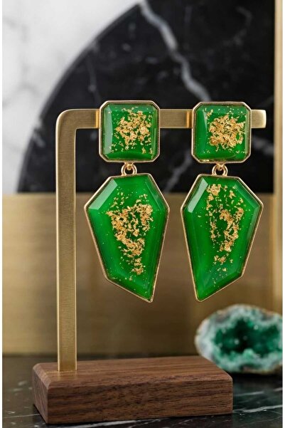 Yeşil Gold Detaylı Büyük Sallantılı Küpe
