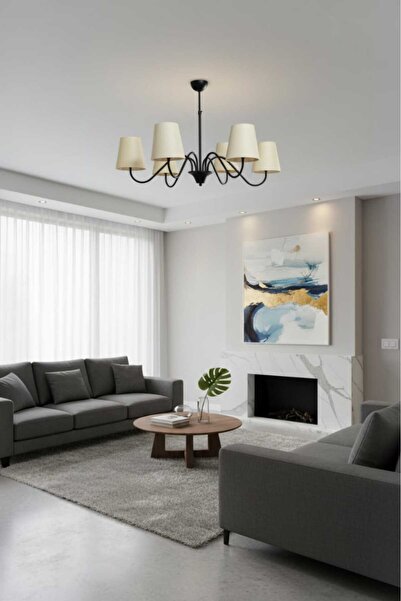 BSA LIGHTING MİRA 6'LI SİYAH MODERN AVİZE (KREM KONİK ABAJURLU) E27 DUYLU KLA...