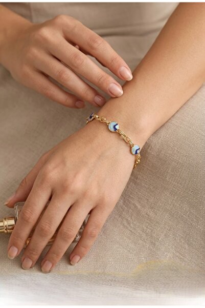Belasso Cm Gold Color Blue Enamel Wave Figured Women's Bracelet