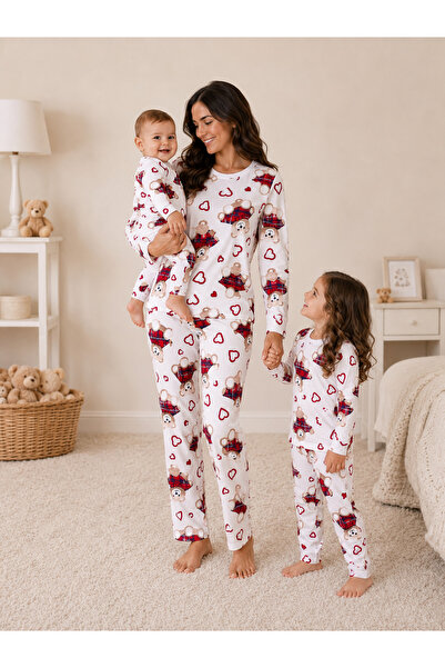 Drop Kids Mother-Child Combination Long Pajama Set with Plaid Teddy Bear Pattern