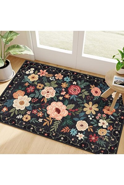 HZYH 2x3ft Black Floral Boho Rug for Entryway, Washable Indoor Door Mat, Non-...
