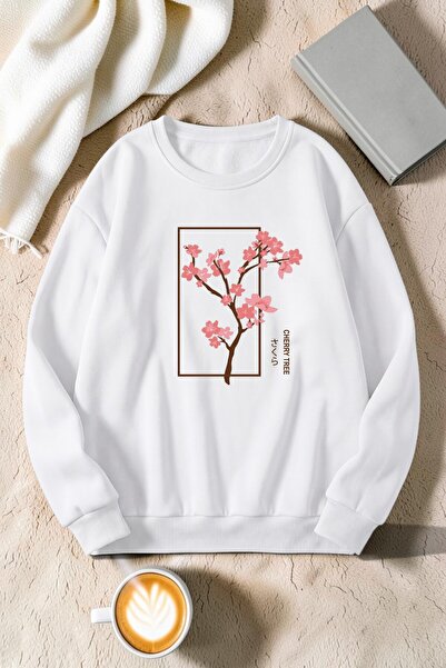 uyguntarz Unisex Cherry Tree Printed Crew Neck Sweatshirt