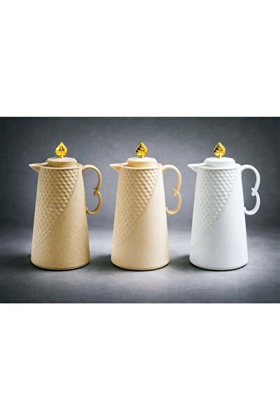 BASURRAH 3-piece thermos set, white, beige, and brown dotted, 1 liter