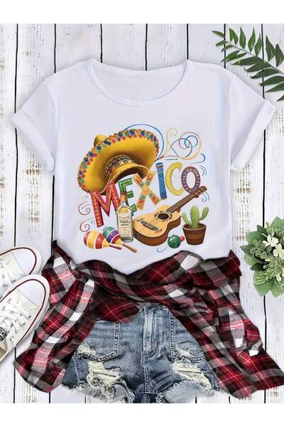 26LIK Women's Short Sleeve Crew Neck T-Shirt - Mexico Day Print With Sombrero...
