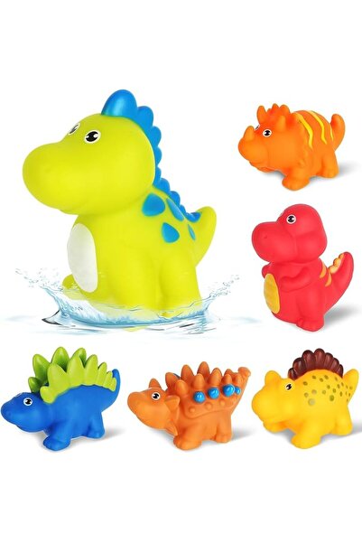 TERRIFI Dinosaur Bath Toys 6 Pcs, Water Play Set with No Hole Design Squeeze ...