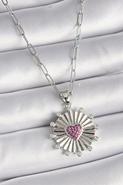SORA GROUP 316L Steel Silver Color Pink Zircon Stone Heart Engraving Medallio...
