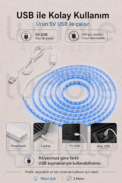 luciole 2 Metre 5V USB Mavi Şerit LED Anahtarlı Gaming Masa TV Arkası Powerbank Dekoratif Aydınlatma