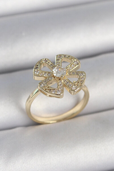 SORA GROUP Brass Gold Color Zircon Stone Clover Model Adjustable Women's Ring