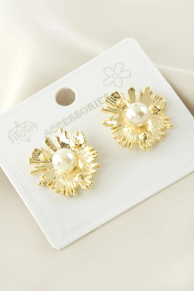 Mercansa Flower Metal Pearl Earrings