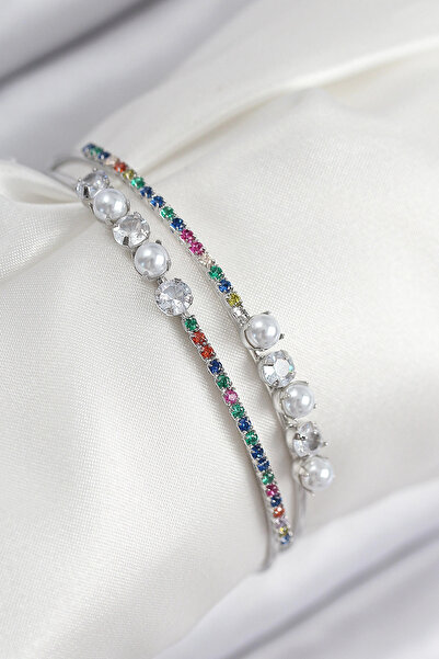 SORA GROUP Brass Zircon Stone Pearl Model Silver Color Women's Bracelet