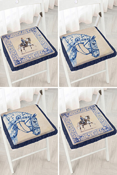Realhomes Blue and White Horse and Rider Figured Tile Pattern 4-Piece Fringed...