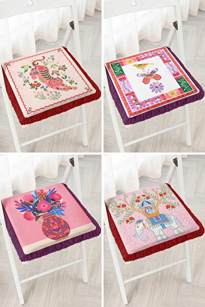 Realhomes 4-Piece Fringed Zippered Chair Cushion Set with Elephant, Flamingo,...