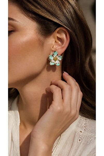 Mise Aksesuar Turquoise White Gold Color Detailed Elegant Earrings