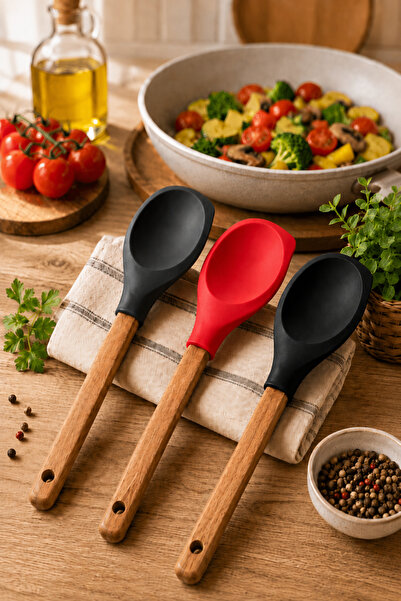 Raneel Kazançlı Alışveriş Wooden Handle Silicone Tip Spatula Spoon 30 cm