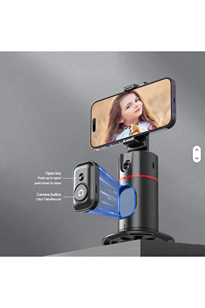 cyke Gimbal inteligent cu urmarire faciala AI, rotatie 360°, control prin gesturi, suport telefon detasabil, compatibil Android si iPhone, negru