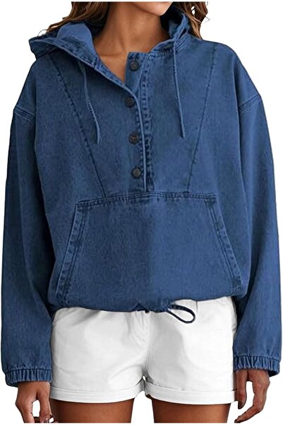 Generic Womens Denim Hoodie Jacket Casual Long Sleeve Pullover Sweatshirt | 1...