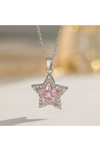 Heda Jewelry قلادة النجمة الوردية - قلادة نجمة وردية من الفولاذ - لون فضي