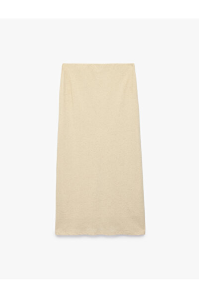 Koton Linen Blended Pique Fabric A-Line Midi Skirt with Slit Detail