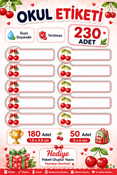 LABELOVE Kişiye Özel Kiraz Okul Etiketi 230 Adet | Suya ve Yırtılmaya Dayanık...