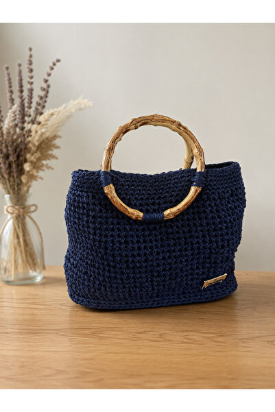 design bk Lacivert ahşap saplı orta boy çanta