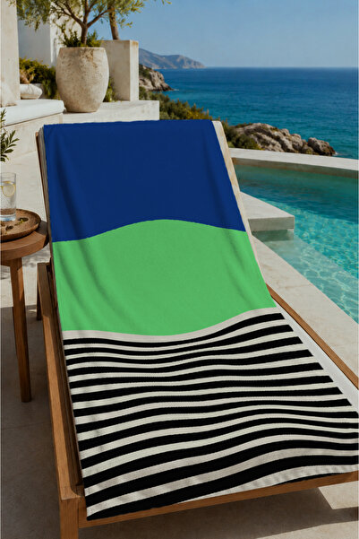 Evmila Navy Blue Mint Black Color Block Striped 70X150 Beach Towel - Cotton B...