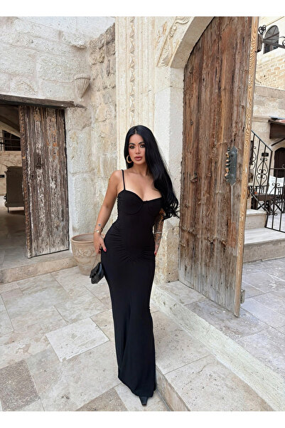 kırmızı butiks Siyah Mermaid Göğüs Gloplu Elbise
