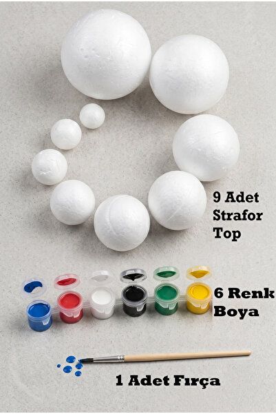 HOBBYRONS Strafor Toplar, 6 Renk Boya, Fırça - Güneş Sistemi Gezegen Modeli, 9 Adet farklı Boyutlarda Beyaz Top