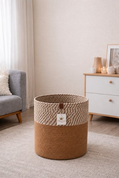 Efuliz Home Jute Wicker Multi-Purpose Decorative Organizer Flower Pot Basket Garden Organizer Basket Width 30 Length 30 cm