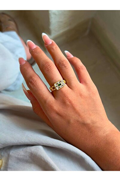 ANKA JEWELLRY Steel Women's Ring – Gold Color with Green Stone, Baguette Mode...