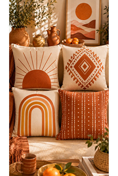 Nari Collections Bohem 4’lü Kırlent Kılıfı 43x43 cm Süet Kumaş Kiremit Turunc...