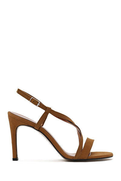 Derimod Women's Tan Ankle Buckle High Thin Heeled Suede Sandals 26Sfe391010