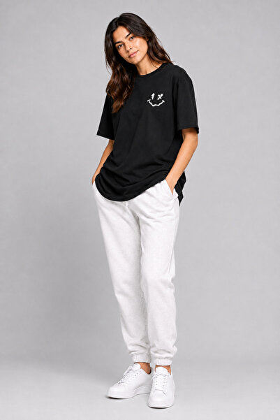 NEVERMİND Sevgili Kombini Smiley Baskılı Çift Tişört Oversize Unisex %100 Pamuk 2'li Set Siyah