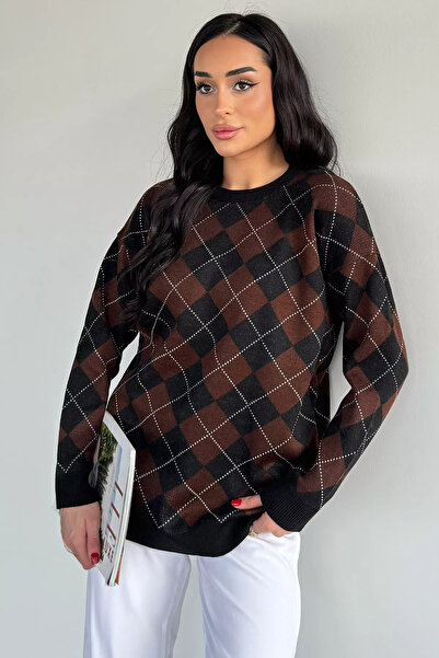 Aryena Brown Women's Plaid Patterned Crew Neck Knitwear Sweater
