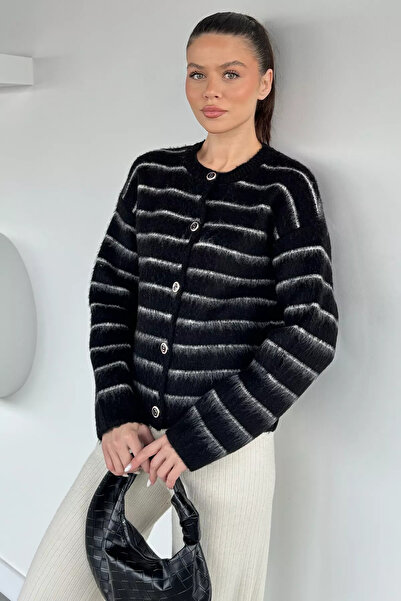 Aryena Black Women's Striped Patterned Knitwear Cardigan