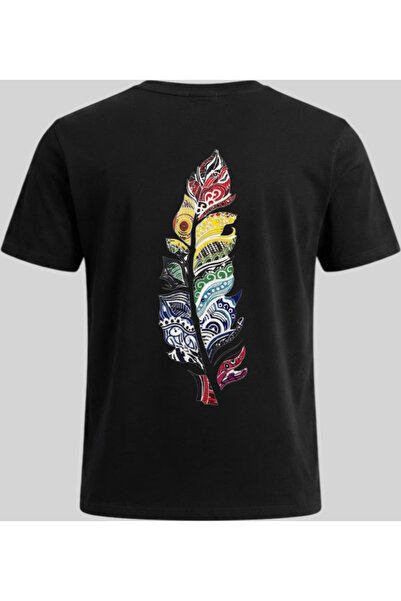Nazlyna Black 100% Cotton Unisex T-Shirt with Colorful Ethnic Feather Print o...