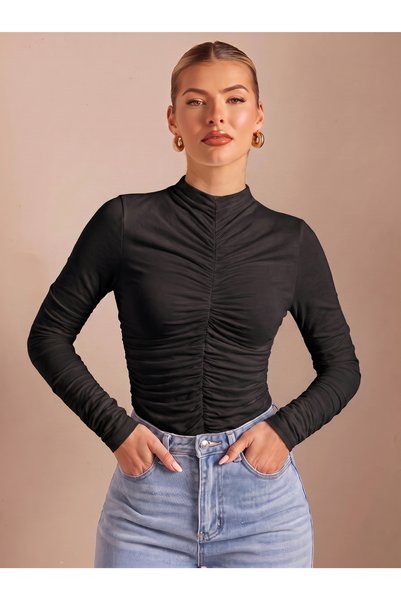 Cre İstanbul Kadın Dik Yaka Büzgülü Drapeli Uzun Kollu Slim Fit Bluz