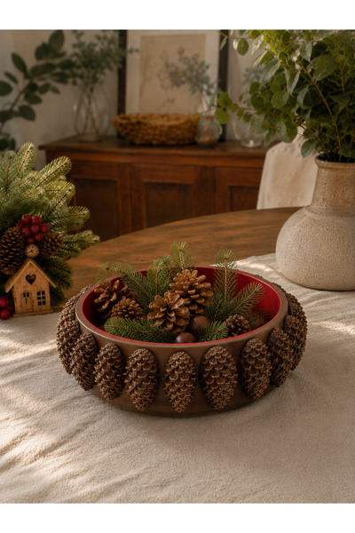 Eski Mahzen Design Handmade Decorative Bowl with Pine Cones – Pine Green Inte...