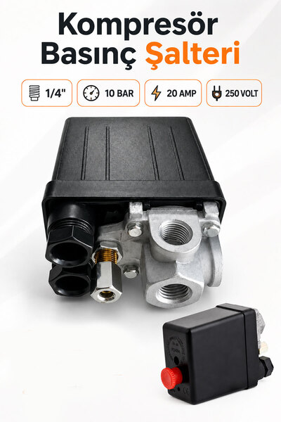 Badem10 Kompresör Basınç Şalteri Bar10 250 Volt 1/4'' Açma Kapama Hava Kompre...