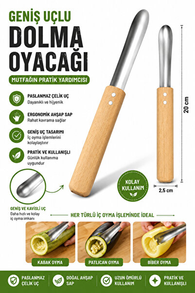 GÜZELYÜZ AVM Geniş Uçlu Dolma Oyacağı 20 cm Ahşap Saplı Paslanmaz Çelik Kabak...