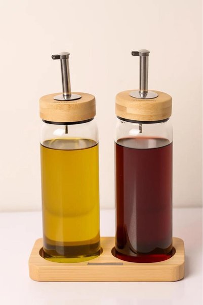 Lumevia Bambu Kapaklı Cam Yağlık & Sirkelik Seti – 2'li Standlı 300ml