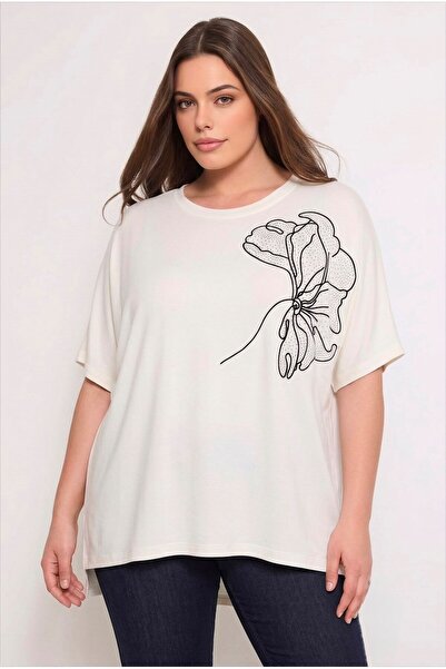 Koza Butik Women's Plus Size Short Sleeve Crew Neck Embroidery and Stone Deta...