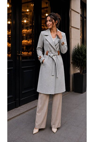 MOT Leather Detailed, Double-Breasted Buttoned, Classic Collar Long Winter Coat