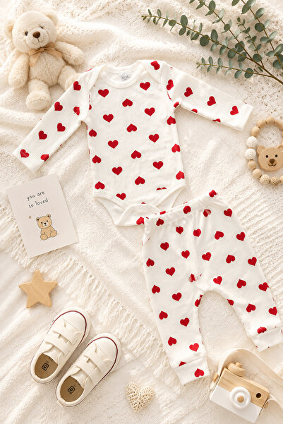 zepkids Unisex Baby Set Heart Patterned Long Sleeve Snap Fastener Bodysuit an...