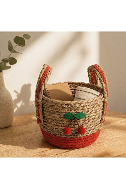 BAMI NETWORK Cos din Paie Impletit, Manere Decorative Cirese, Maro, O20x15cm ...