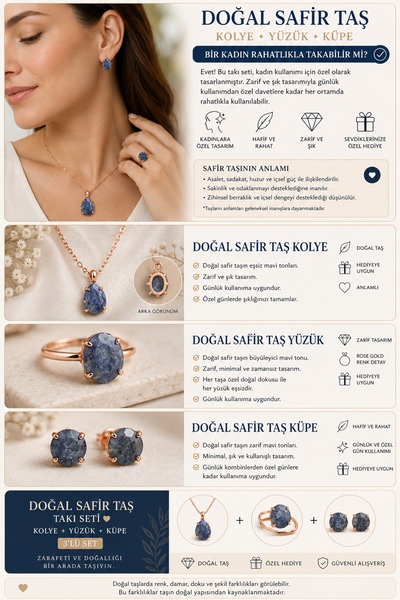 The Magıc of Healıng Sapphire Natural Gemstone Jewelry Set |   Necklace Ring ...