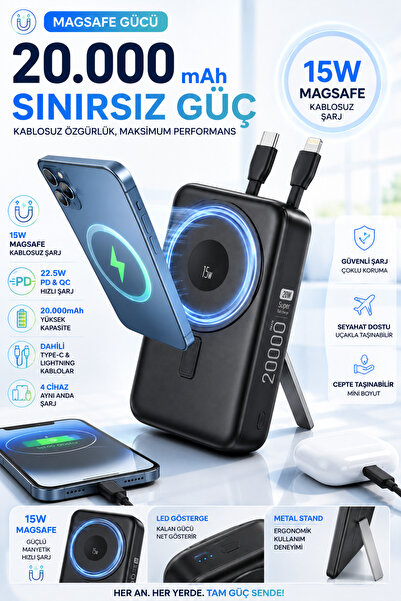 MATECHNO 20.000 mAh Standlı Powerbank Dahili Type-C & Lightning Kablolu, 15W ...