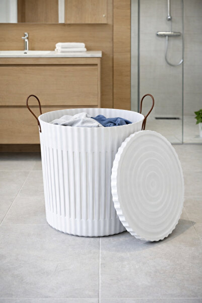 Evmarketi Coș pentru rufe murdare pentru baie, cu capac, model din piele, cu ...