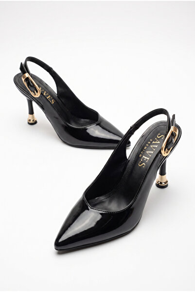 Savves Women's Black Patent Leather Buckle Pointed Metal Heeled Shoes